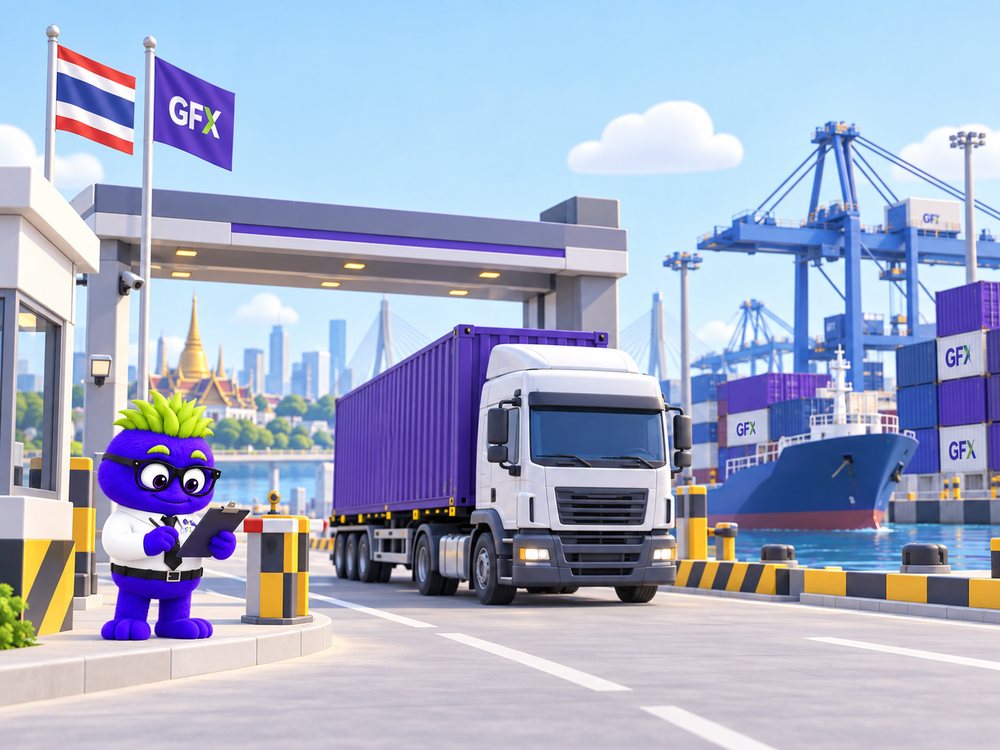 Illustration of Ed Hoc checking documents at a Thai gateway as a container truck clears the gate, with the port and a vessel behind