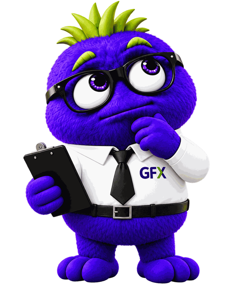 Ed Hoc, the GFX mascot, thinking with a clipboard