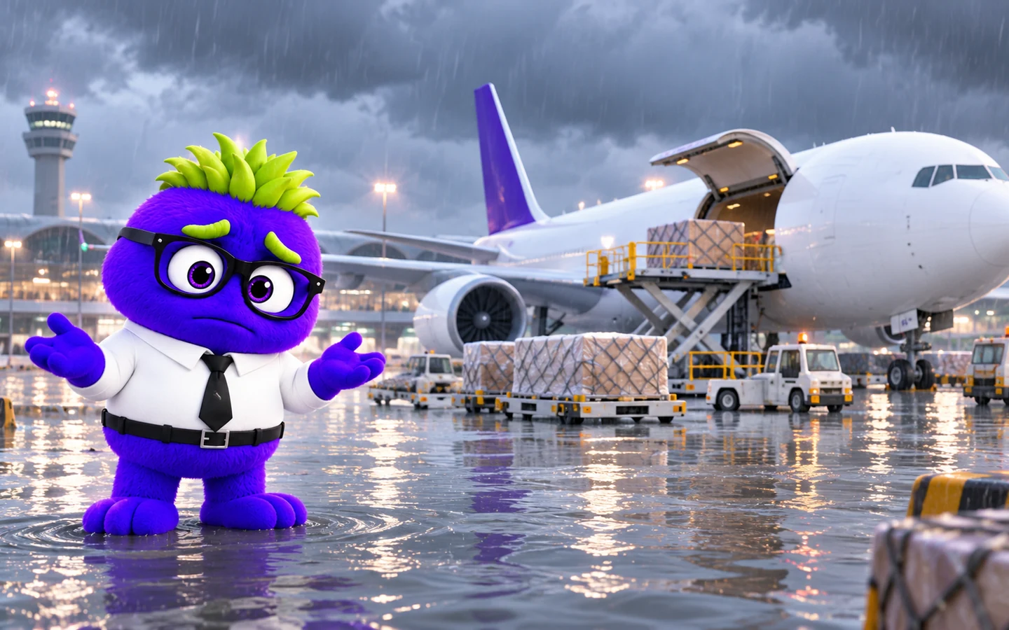 Ed Hoc standing in floodwater on an airport apron in the rain, shrugging, with an unmarked freighter and loaded cargo pallets standing idle behind him