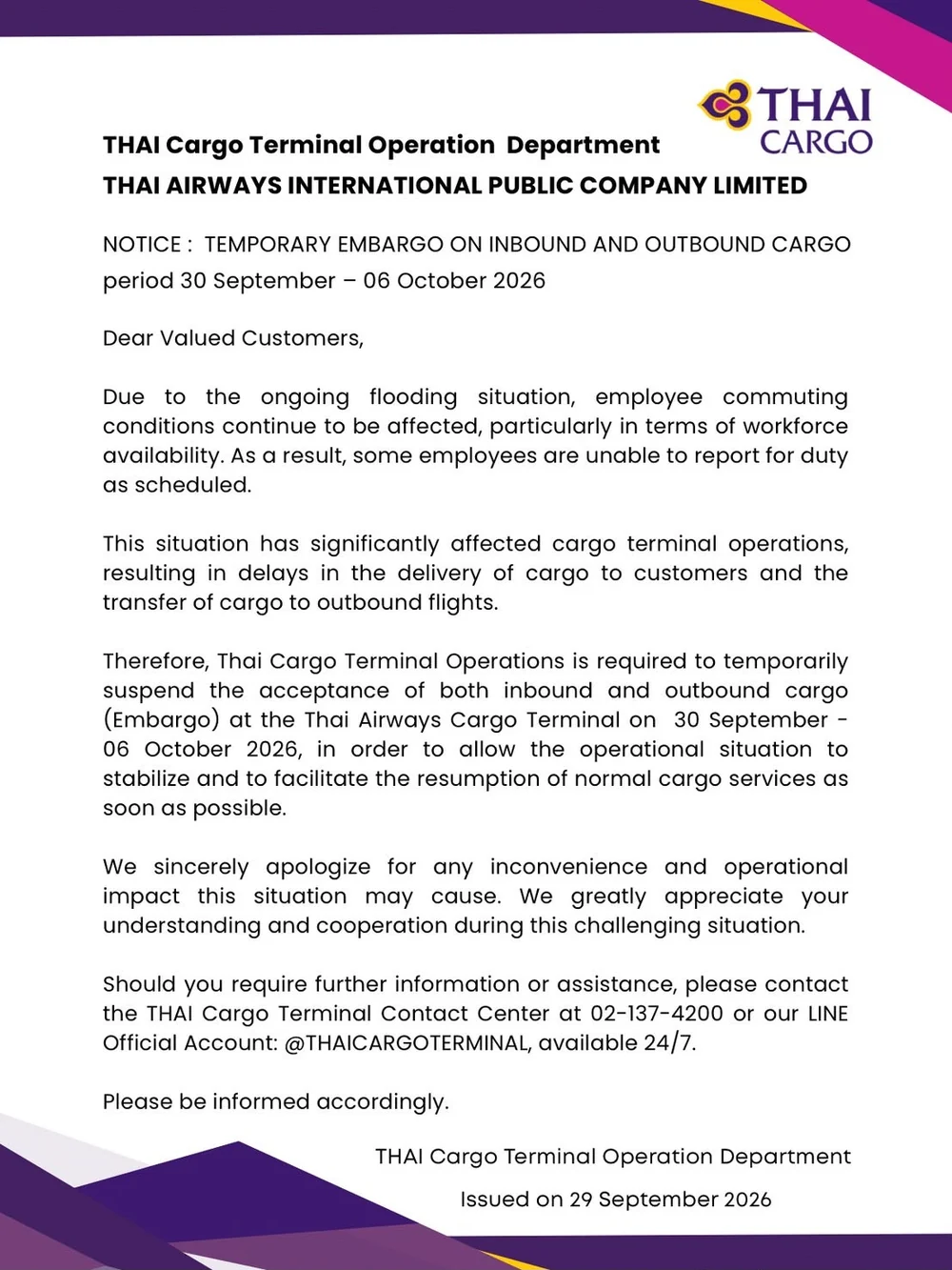 The THAI Cargo notice announcing a temporary embargo on inbound and outbound cargo from 30 September to 6 October 2026