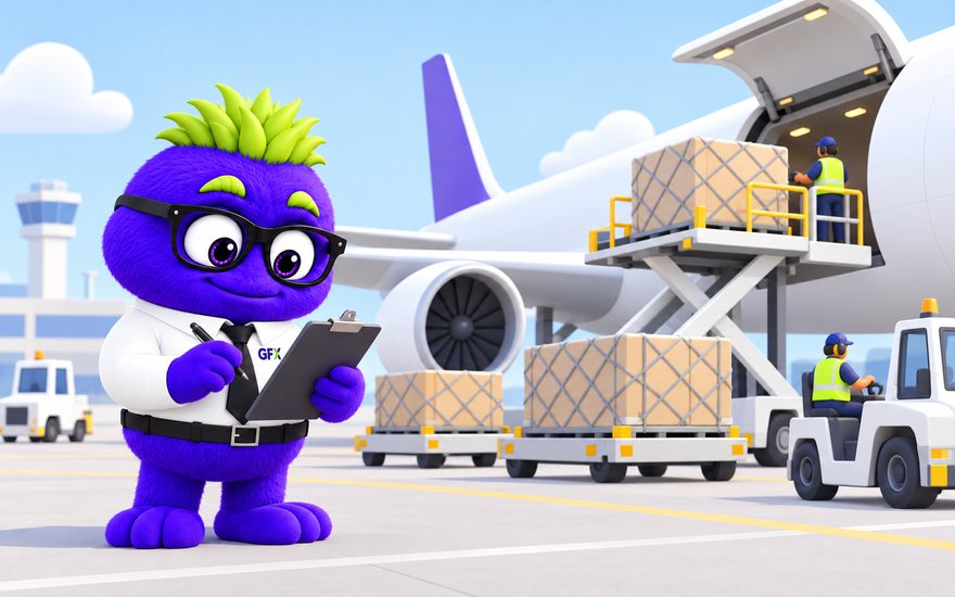 Illustration of Ed Hoc checking a pallet manifest on the apron while a cargo aircraft is loaded behind him