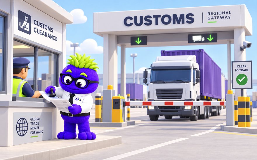 Illustration of Ed Hoc handling clearance documents at a customs counter as a container truck waits at the gate