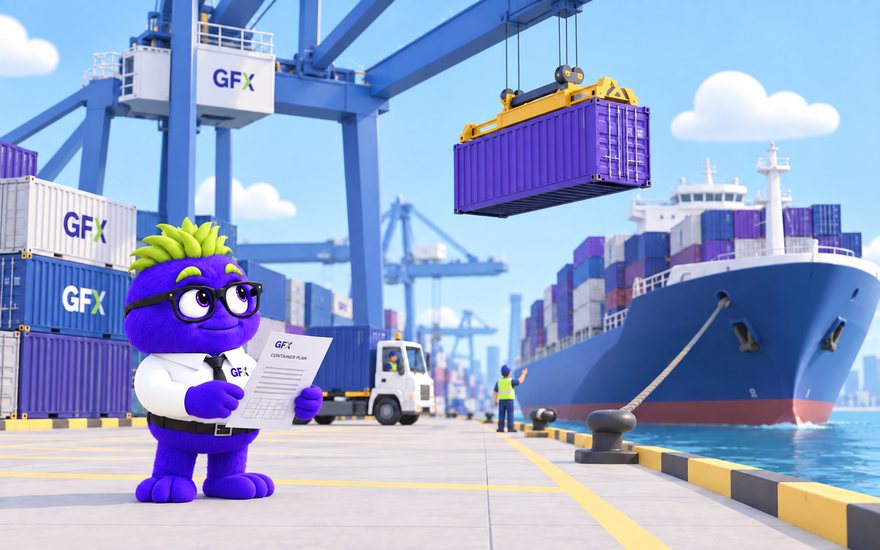 Illustration of Ed Hoc on the quay with a container stack plan as a gantry crane loads a container vessel