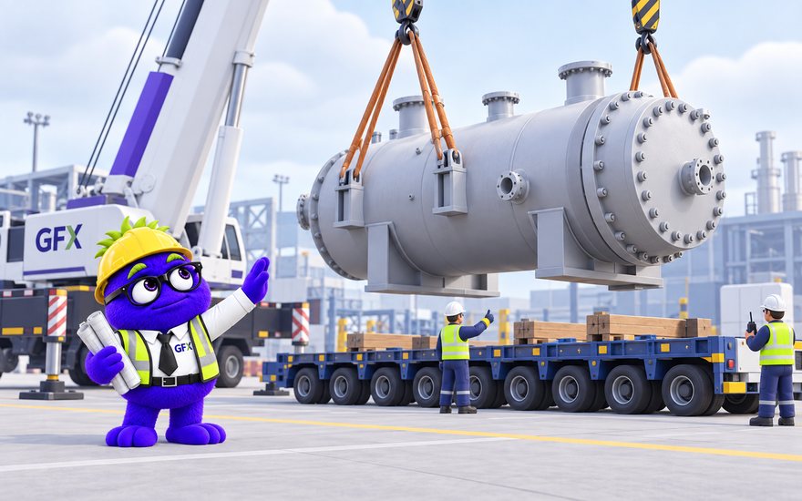Illustration of Ed Hoc in a hard hat directing a crane lifting an industrial pressure vessel onto a multi-axle trailer