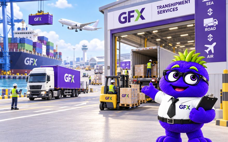 Illustration of Ed Hoc at a transhipment terminal, with a container crane and vessel behind him, an aircraft overhead and cargo being transferred between a truck and the shed